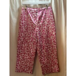 Pink & White Leaf Print Cropped Pants | Elastic Waist | Women’s 12